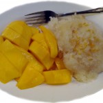 Fresh sweet mango slices and sticky rice flavored with coconut milk.